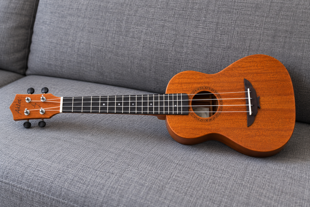 Aklot Konzertukulele aus Mahagoni auf einem grauen Stoffsofa im Querformat